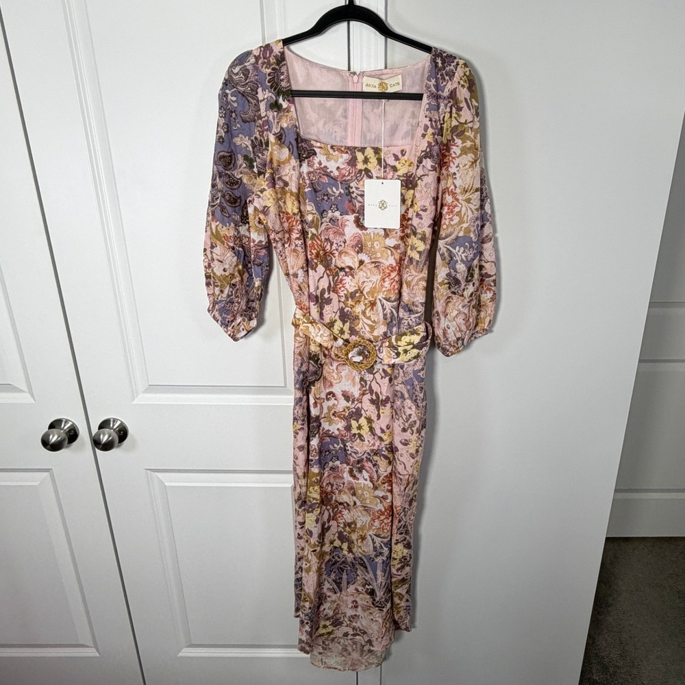 Anna Cate Jess Maxi Dress Large August Bloom‎ Floral Eyelet Belted Pink Purple